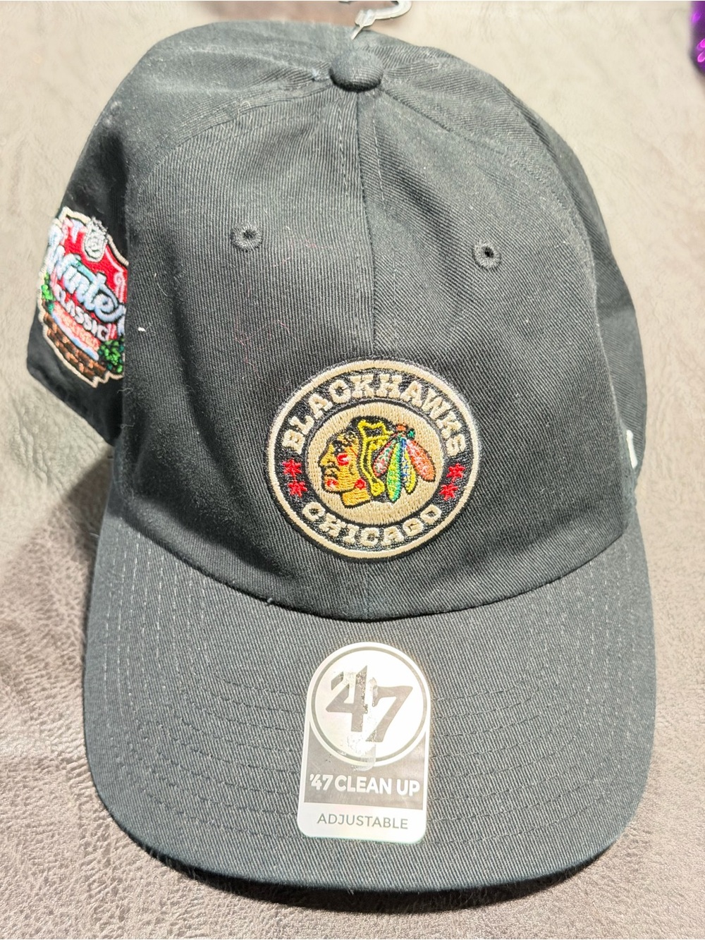 47 Chicago Blackhawks Black Logo Adjustable Cap Winter classic edition.